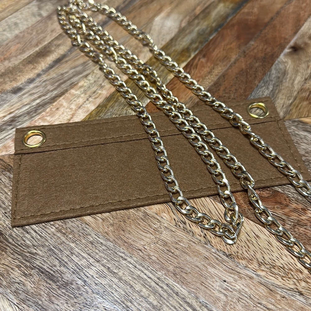 Camel colored wallet insert with gold chain
